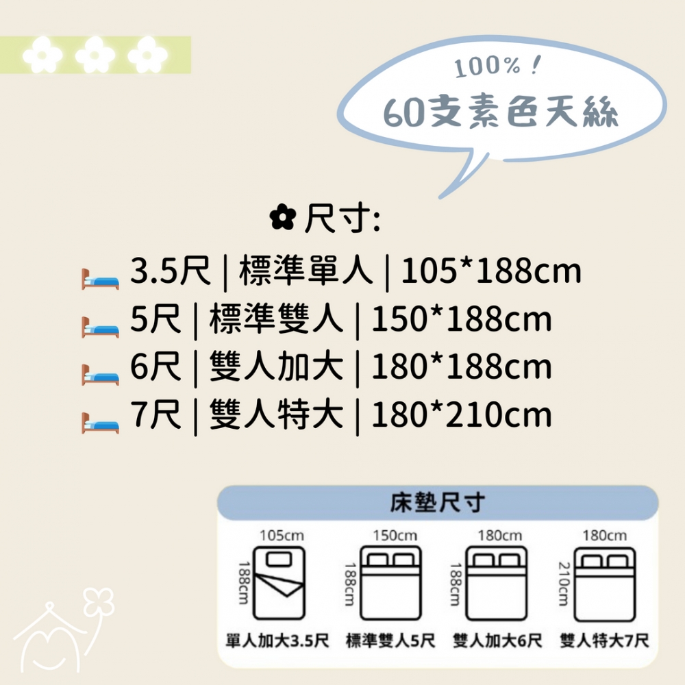 100%正60支素色天絲床包3件組