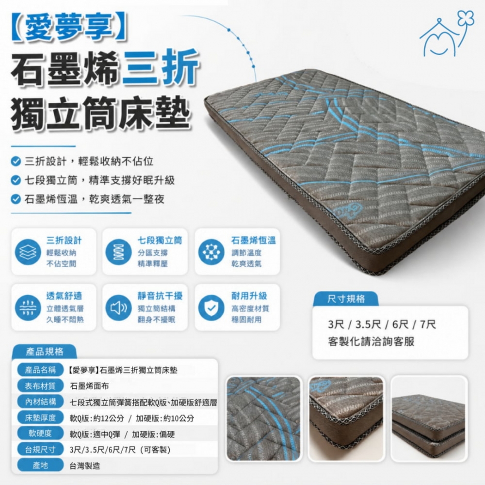【免運】石墨烯三折床墊