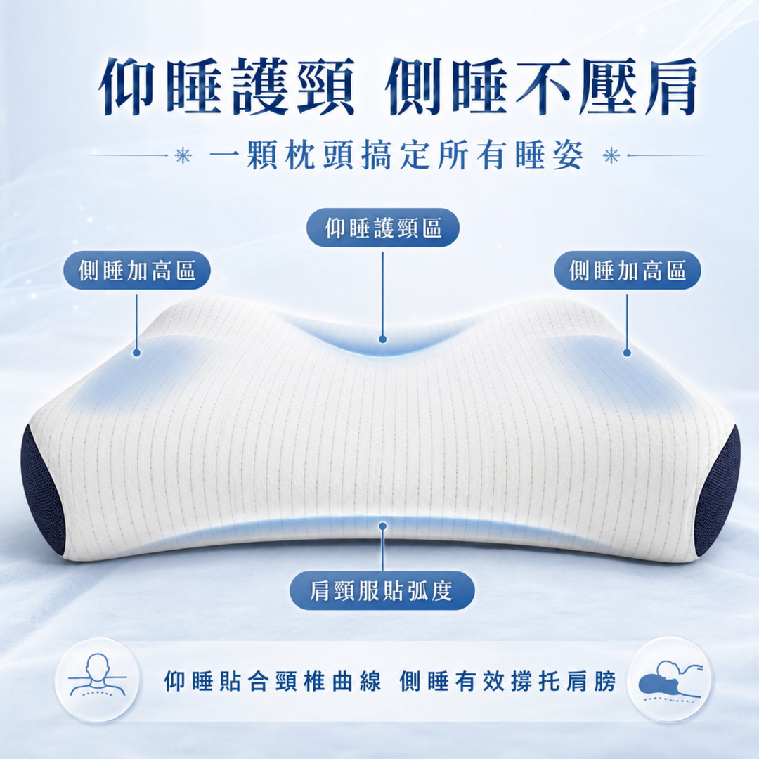 蝶型護頸恆溫親水棉枕採用人體工學蝶型曲線設計，中間仰睡護頸區貼合頸椎，兩側側睡加高區支撐肩頸，幫助仰睡與側睡都能維持舒適睡姿。