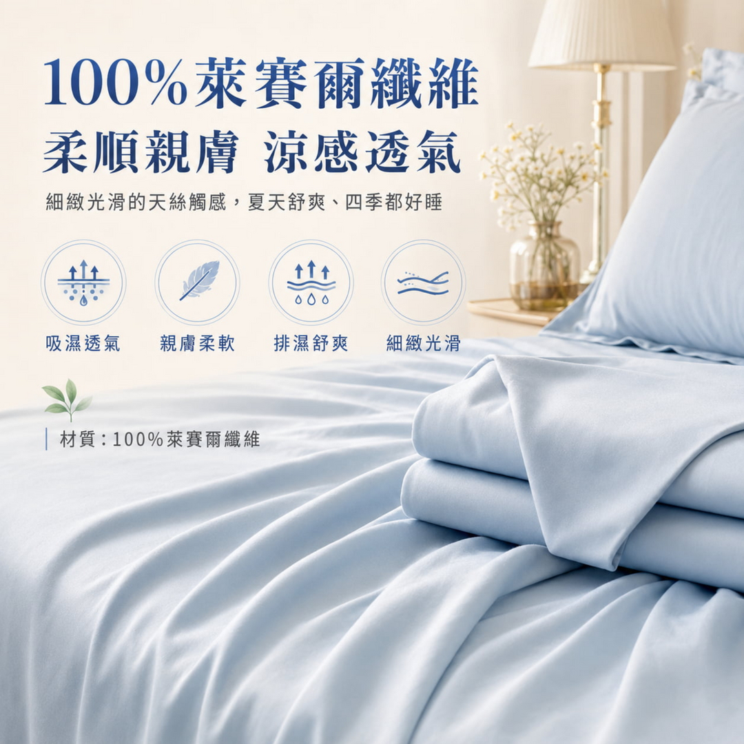 100%萊賽爾天絲纖維床包組，觸感柔順親膚、吸濕透氣、排濕舒爽、細緻光滑，適合夏季與四季寢具使用，提升睡眠舒適度。