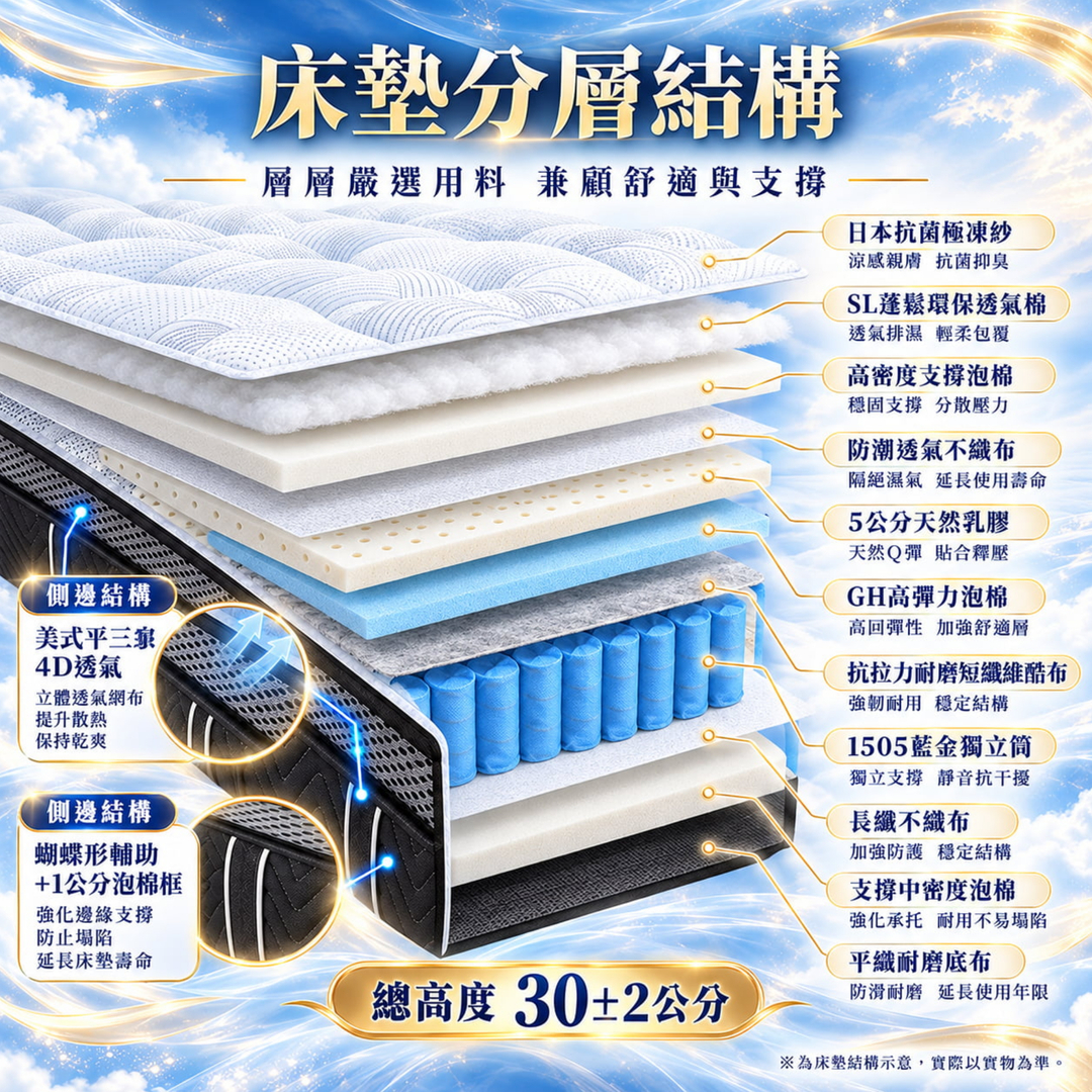 愛夢享夢安獨立筒床墊30±2公分多層結構，包含5公分天然乳膠、藍金獨立筒與4D透氣側邊