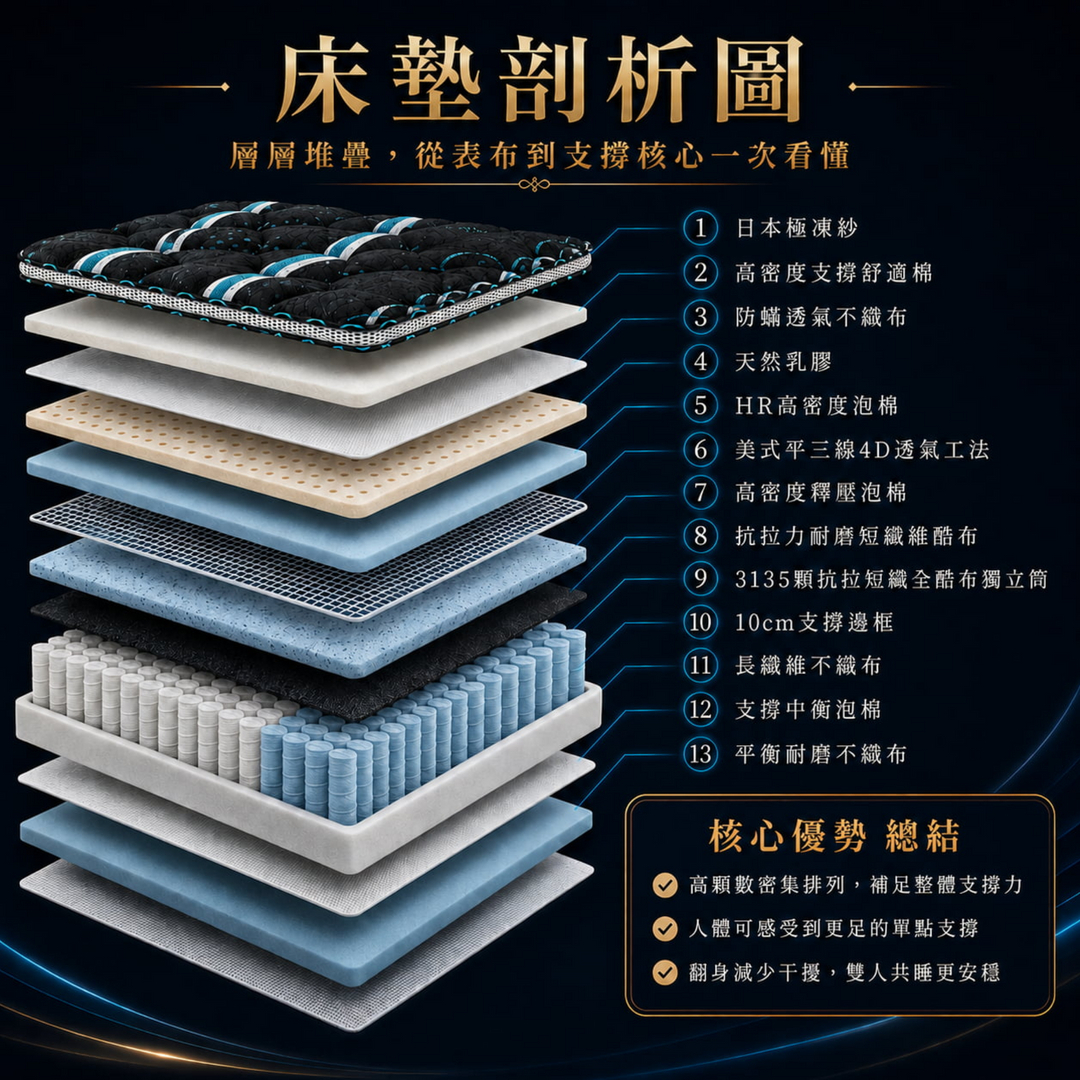 黑曜全酷布獨立筒床墊剖析圖，13層結構設計，包含日本極凍紗、高密度舒適棉、天然乳膠、泡棉與3135顆獨立筒。