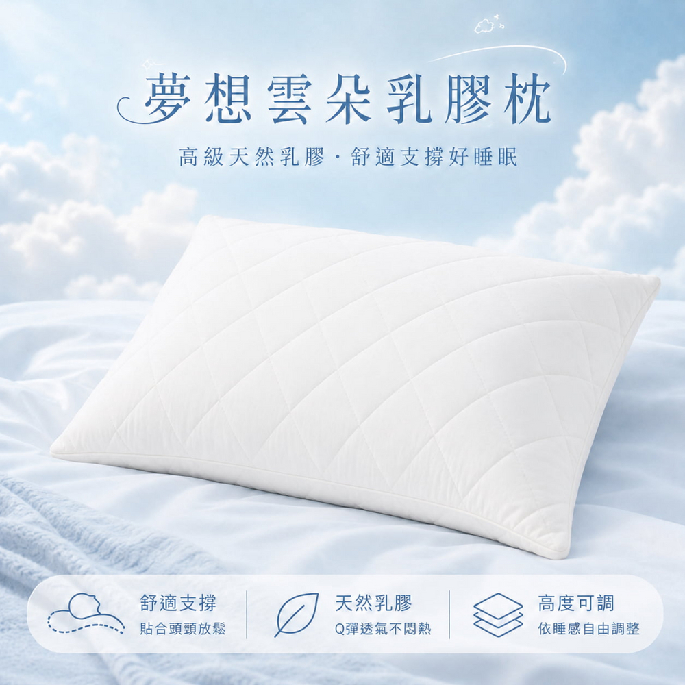夢想雲朵乳膠枕商品首圖，可調高度天然乳膠枕，透氣支撐頭頸，適合仰睡側睡