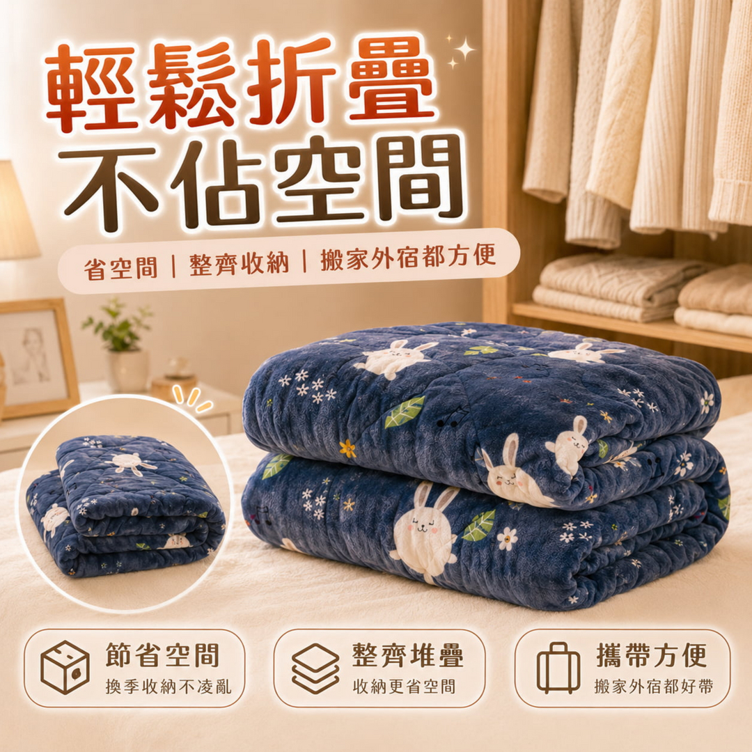 法蘭絨暖暖被可輕鬆折疊收納，不佔空間，換季整理、衣櫃收納、搬家外宿與宿舍使用都方便，柔軟蓬鬆又好攜帶。