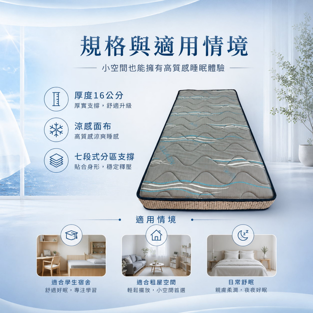 七段式摺疊獨立筒床墊規格與適用情境，厚度16公分，採用涼感面布與七段式分區支撐設計，適合學生宿舍、租屋空間與日常舒眠使用。