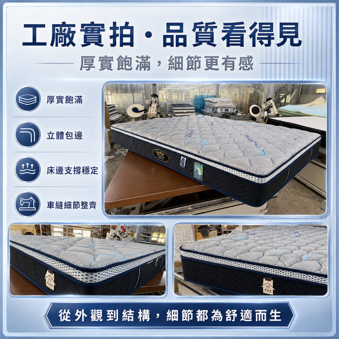 星河灰鈦獨立筒床墊工廠實拍圖，展示床墊厚實飽滿外觀、立體包邊、穩定床邊支撐與細緻車縫工藝，呈現床墊品質與結構細節。