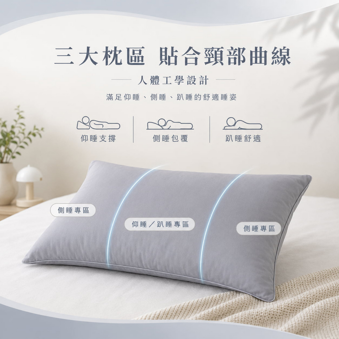 石墨烯水洗羽絲絨枕採三大枕區設計，貼合頸部曲線，適合仰睡、側睡與趴睡姿勢，提供頸部支撐與柔軟包覆感。