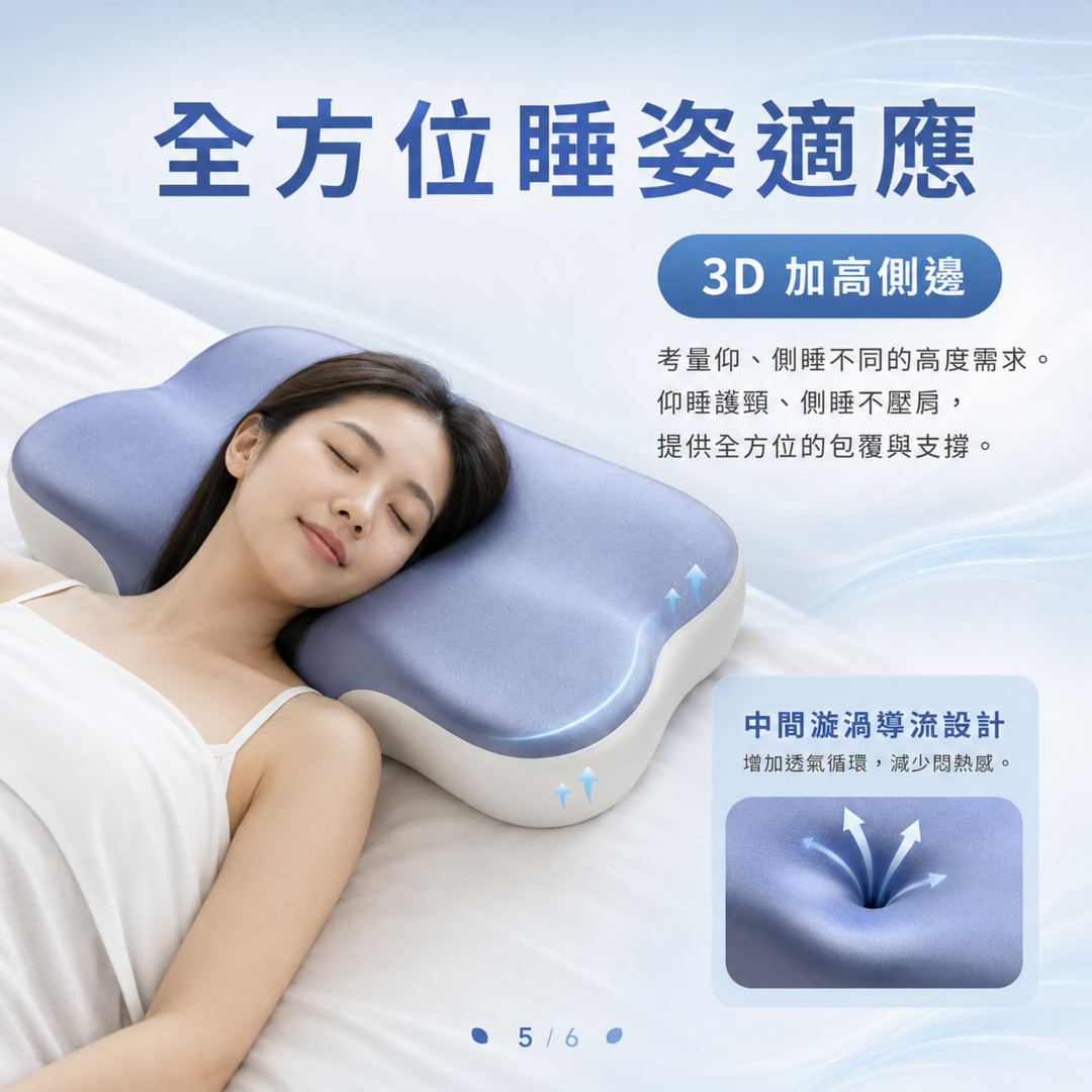 HydroCool 舒頸好棒枕具備3D加高側邊與中間漩渦透氣孔設計，可適應仰睡與側睡不同高度需求，提供頭頸包覆、肩頸支撐與透氣循環效果。