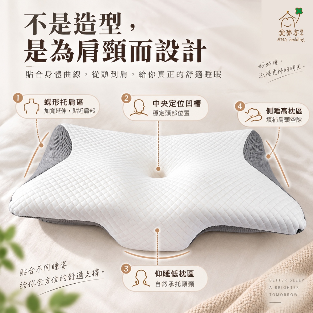 愛夢享蝶型星翼記憶枕人體工學蝶型托肩設計，搭配中央定位凹槽與仰睡側睡分區