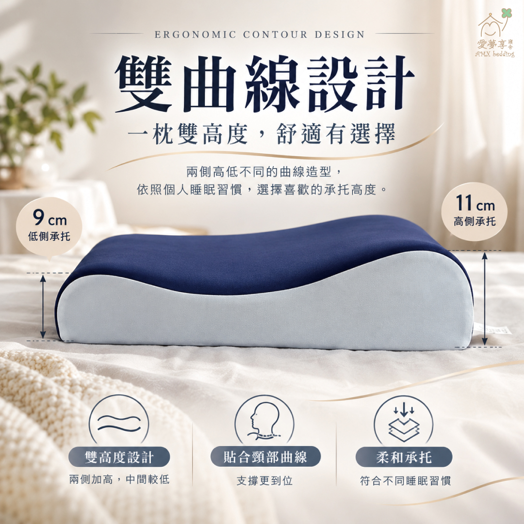 愛夢享雙曲記憶枕9公分低側與11公分高側雙曲線設計，貼合頭部與頸部自然曲線