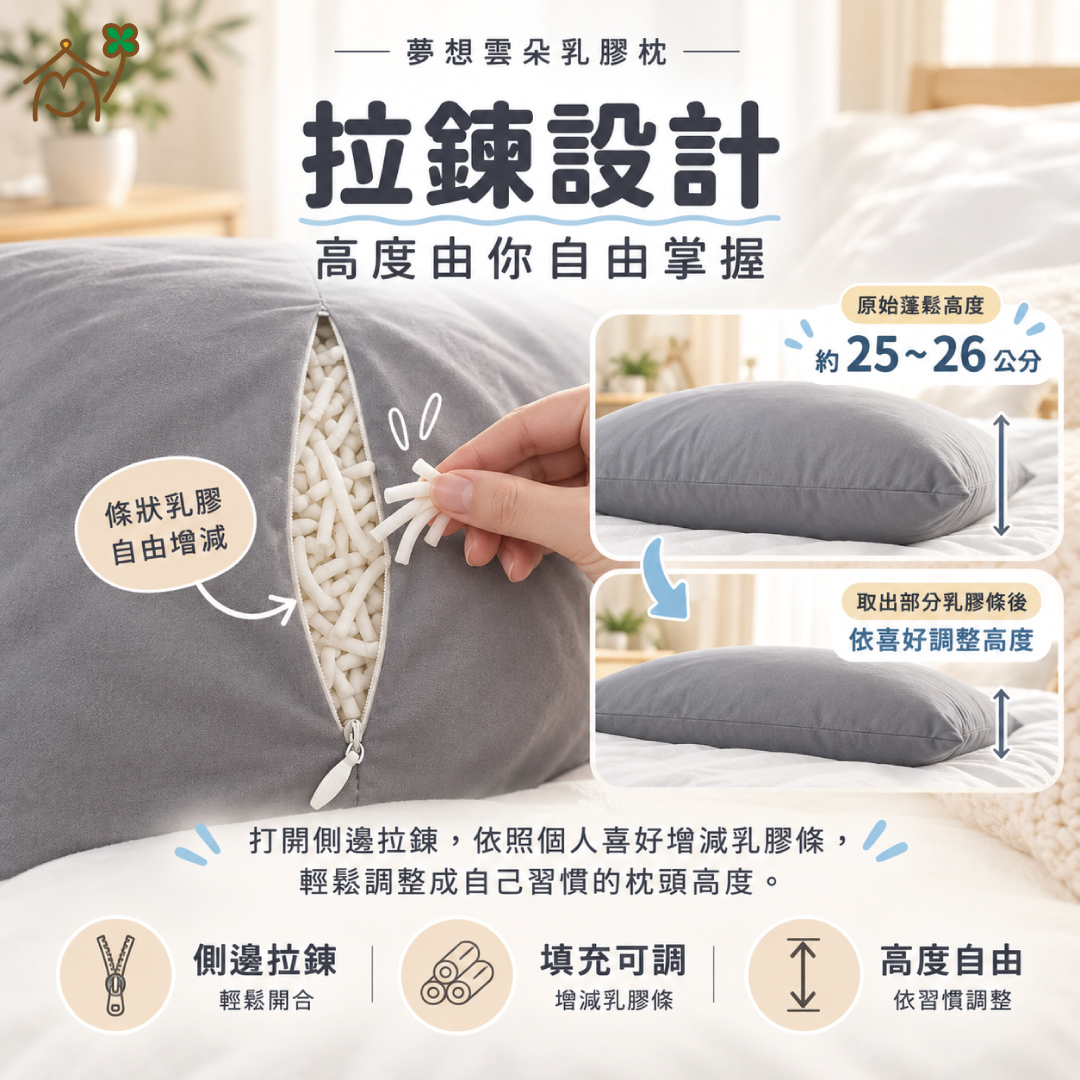愛夢享夢想雲朵乳膠枕側邊拉鍊設計，可增減條狀乳膠填充量並自由調整枕頭高度