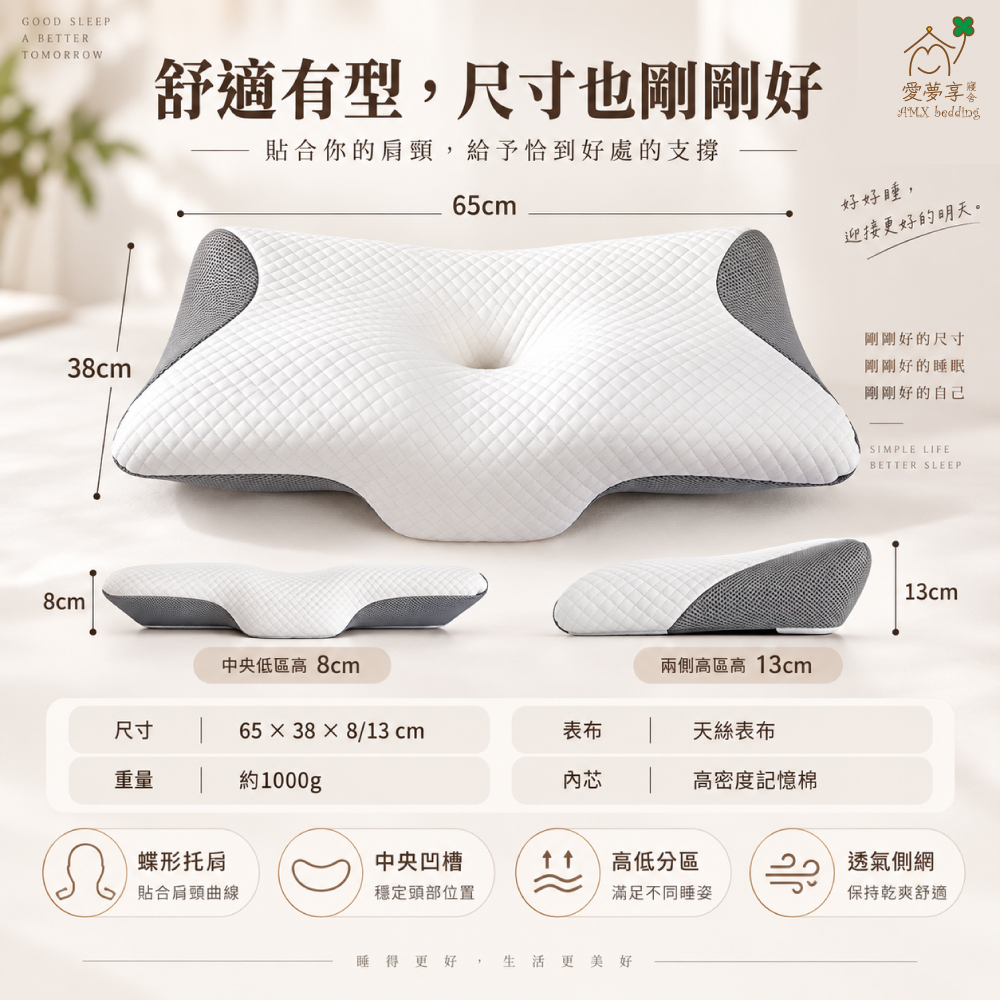 愛夢享蝶型星翼記憶枕尺寸65乘38公分，高低約8與13公分，天絲表布搭配高密度記憶棉內芯